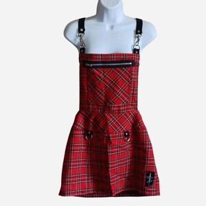 Rare 2000s Y2K Lip Service Red Black Plaid Bibs Mini Dress New Grunge Punk Goth